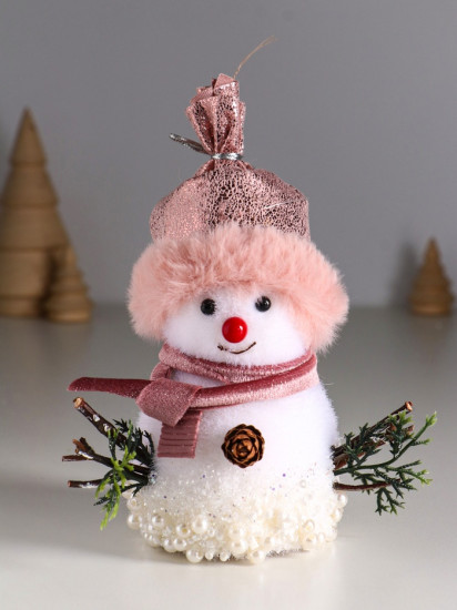 Фигурка «Снеговичок в розовом колпаке в бусинках»