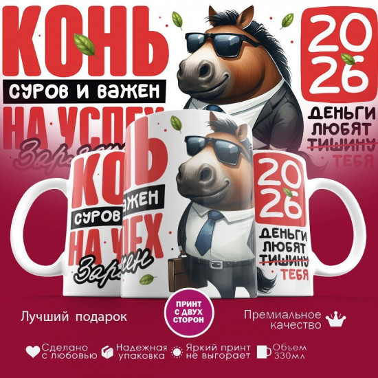 Кружка с принтом «Конь суров и важен, на успех заряжен»