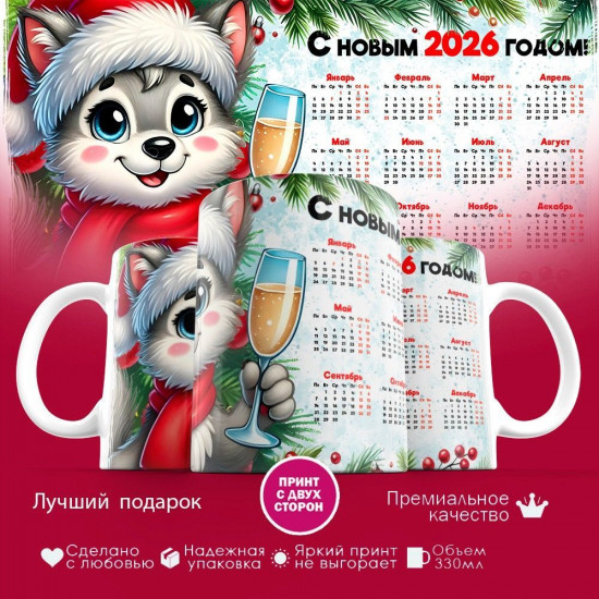 Кружка с принтом «С Новым 2026 годом (волк)»
