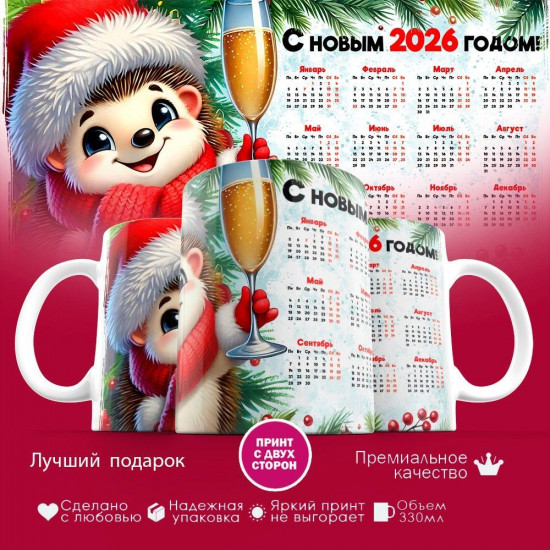 Кружка с принтом «С Новым 2026 годом (ежик)»