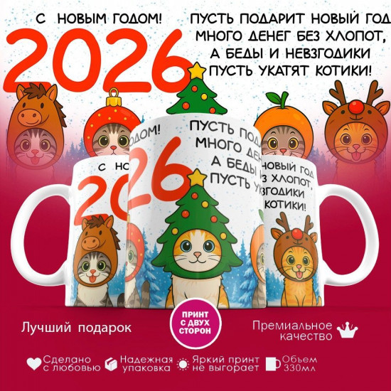 Кружка с принтом «С новым годом 2026! Котики»