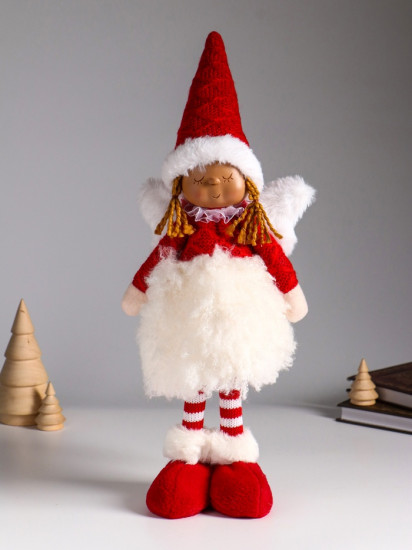 Кукла интерьерная текстильная «Ангелочек в меховой юбочке и красном колпаке»