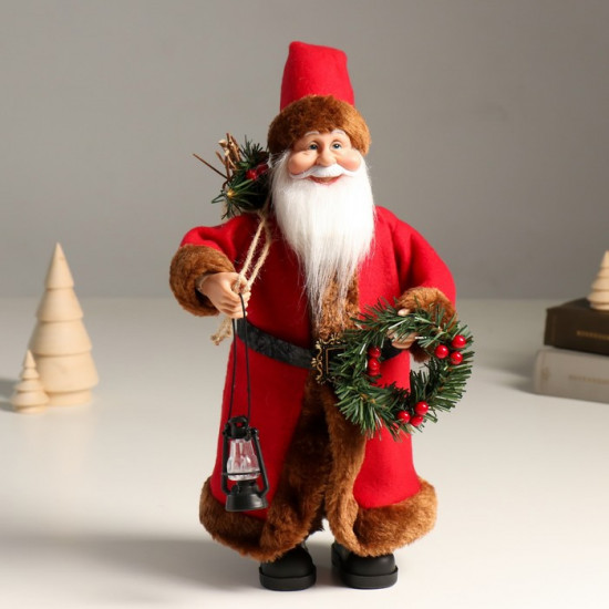 Кукла интерьерная текстильная «Дед Мороз с подарками, веночком и фонариком»