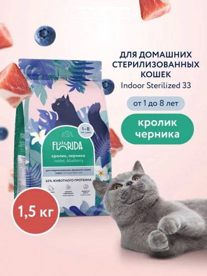 Корм сухой для домашних стерилизованных кошек с кроликом и черникой «Indoor Sterilised 33»