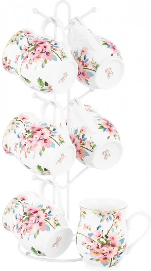 Набор кружек на подставке «Яблоневый цвет на белом»