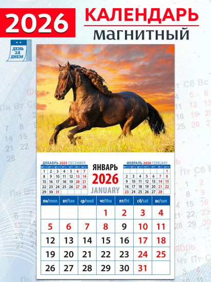 Календарь на магните на 2026 год «Год лошади. В лучах закатного солнца»