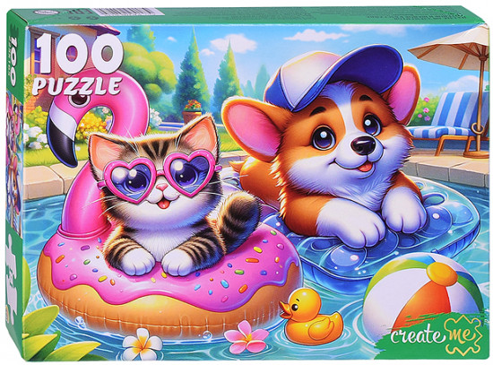 Пазл «Котенок и щенок в бассейне»