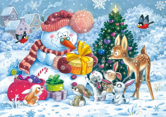 Пазл «Снеговик и зайчата»