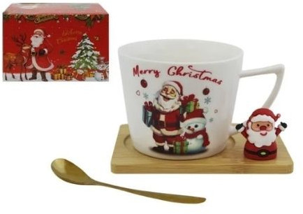 Кружка с ложкой на подставке подарочная «Санта и снеговик»