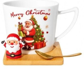 Кружка с ложкой на подставке подарочная «Дед Мороз у елки»