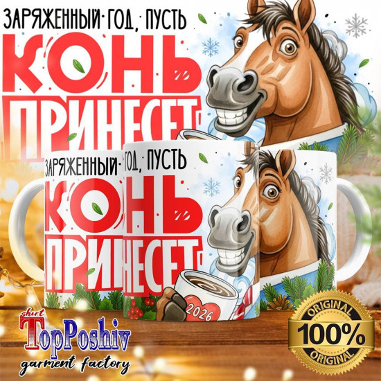 Кружка с принтом «Заряженный год, пусть конь принесет»