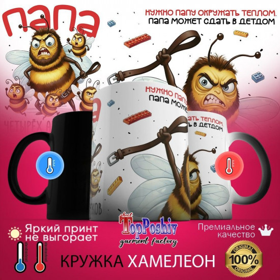 Кружка хамелеон с принтом «Папа четырех ангелочков»