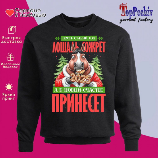 Свитшот с принтом «Пусть старый год лошадь сожрет»
