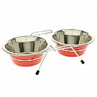 Набор: миска двойная цветная с полосой на подставке, 2х700 мл, в ассортименте