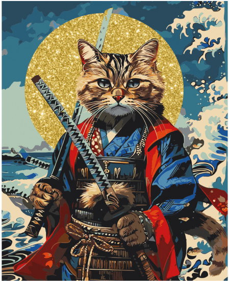 Картина по номерам с глиттером «Кот-самурай»