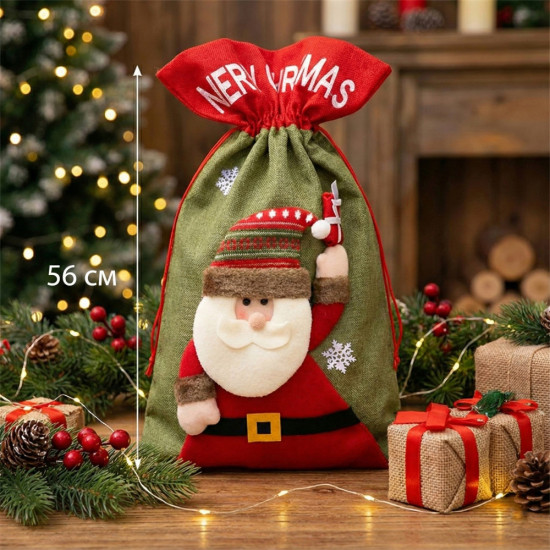 Новогодний мешок для подарков с объёмным принтом Деда Мороза