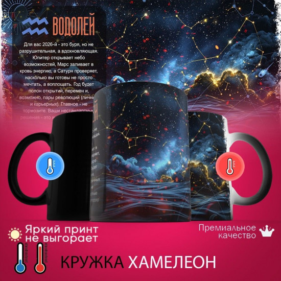 Кружка хамелеон с принтом «Водолей 2026»