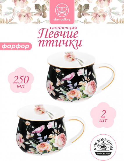 Набор кружек «Певчие птички на черном»