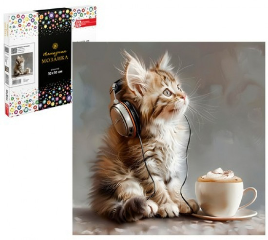 Мозаика алмазная с подрамником «Котенок меломан»
