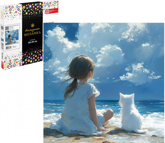 Алмазная мозаика «Девочка с котенком на море»