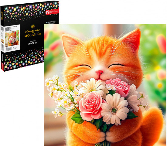Алмазная мозаика с частичной выкладкой «Котенок с букетом»