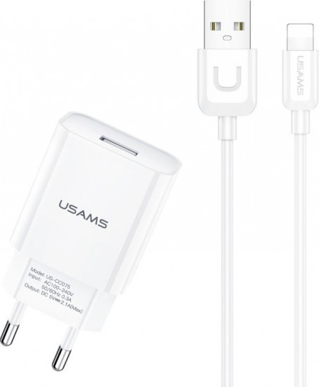 Комплект СЗУ Usams T21 2.1A 1xUSB порт + кабель Lightning