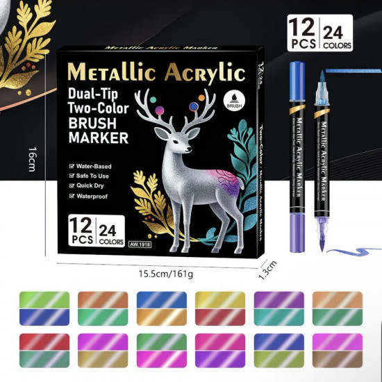 Набор профессиональных акриловых маркеров с эффектом металлик двухсторонних