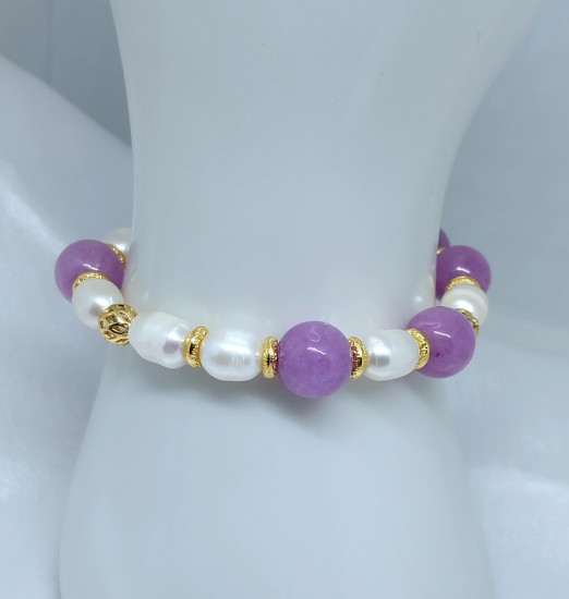 Браслет из натурального пресноводного жемчуга и аметиста с позолотой 18К