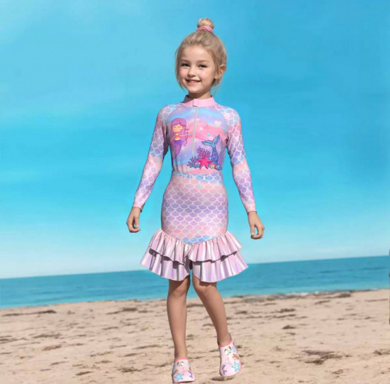 Детский цельный солнцезащитный купальник для девочек с длинными рукавами и с разрезным хвостом русалки