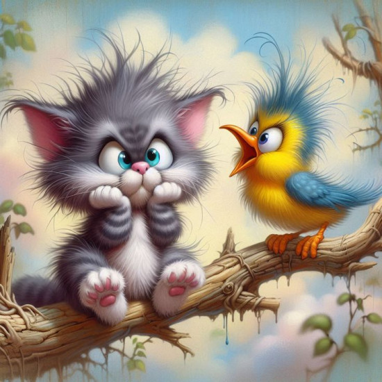 Алмазная мозаика «Котенок и попугай»
