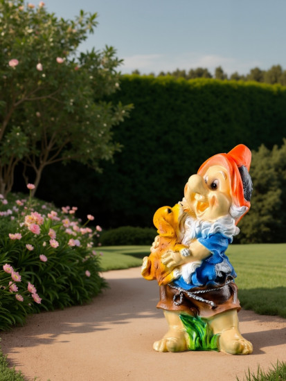 Садовая фигура из полистоуна «Гном с собачкой»