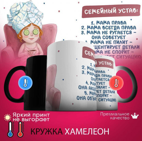 Кружка хамелеон с принтом «Семейный устав мамы»
