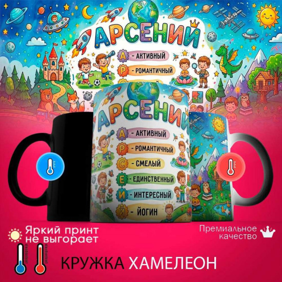 Кружка хамелеон с принтом «Арсений - расшифровка имени»