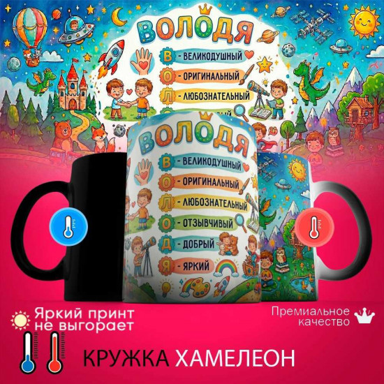 Кружка хамелеон с принтом «Володя - расшифровка имени»