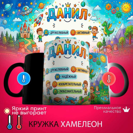 Кружка хамелеон с принтом «Данил, расшифровка имени»