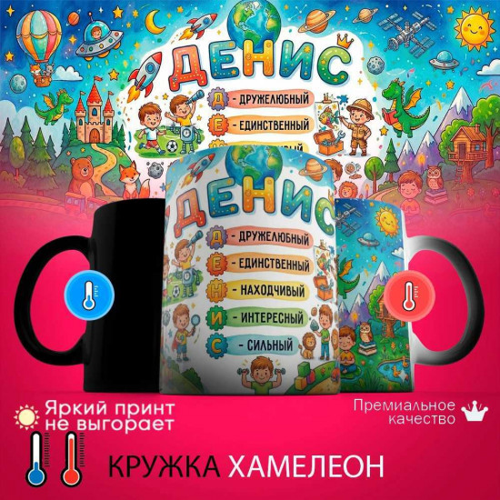 Кружка хамелеон с принтом «Денис - расшифровка имени»