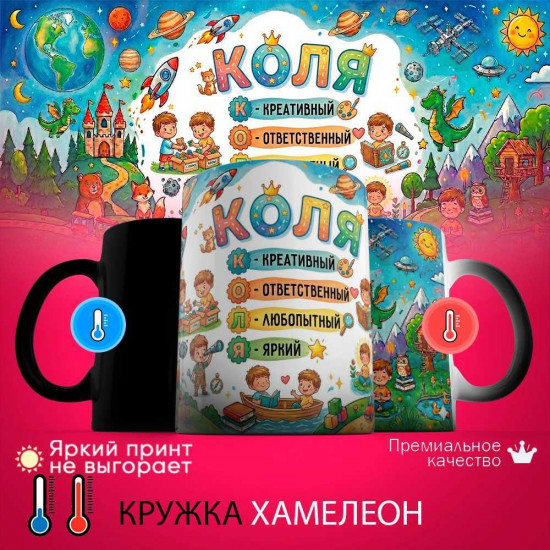 Кружка хамелеон с принтом «Коля - расшифровка имени»