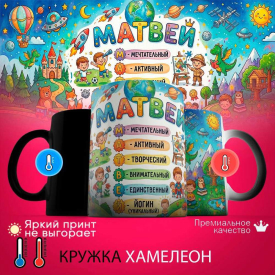 Кружка хамелеон с принтом «Матвей - расшифровка имени»