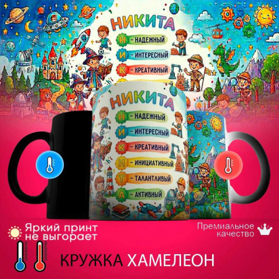 Кружка хамелеон с принтом «Никита - расшифровка имени»