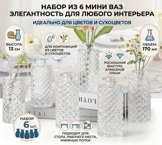 Набор стеклянных мини-ваз для декора и цветов «Алмазная грань»