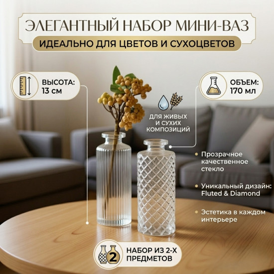 Набор стеклянных мини-ваз для декора и цветов «Дуэт фактур»