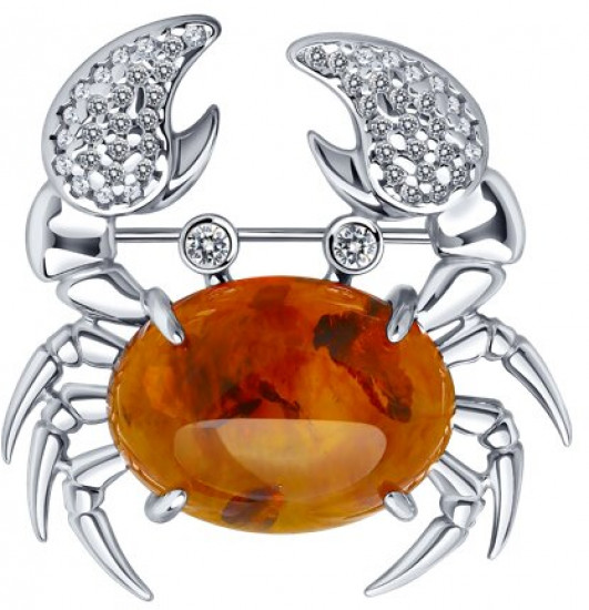 Брошь из серебра с янтарем и фианитами