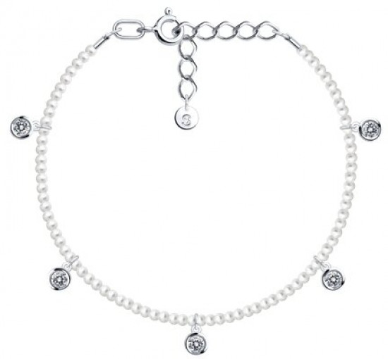 Браслет из серебра с синтетическим жемчугом и фианитами