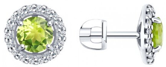 Серьги из серебра с хризолитами и фианитами