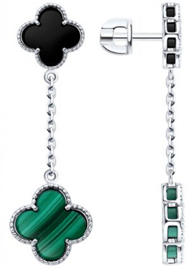 Серьги из серебра с малахитом и ониксом