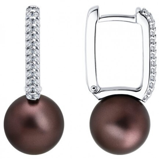 Серьги из серебра с синтетическим жемчугом и фианитами