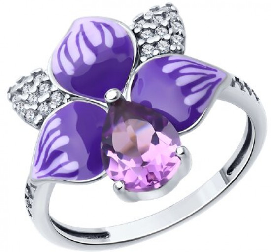 Кольцо из серебра с аметистом, фианитом и эмалью