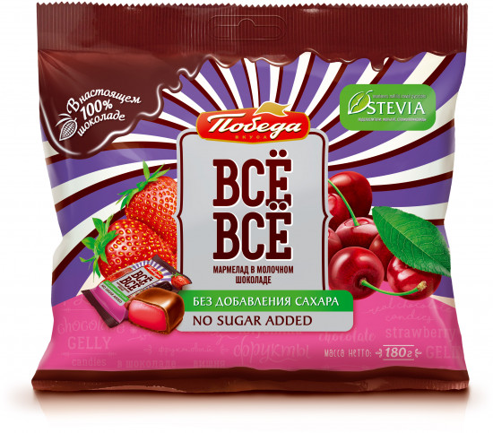 Конфеты желейные в ш-де «Всё-Всё» со вкусами вишни и клубники-земляники без сахара, 180гр