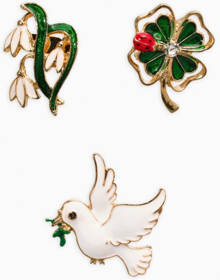 Броши «Голубь, клевер, подснежник»