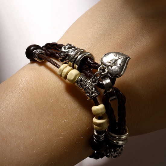 Браслет кожаный с подвеской «Сердце с розой»